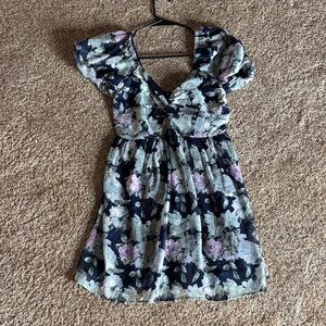 Lulu's Navy Floral V-Neck Puff Sleeve Mini Dress